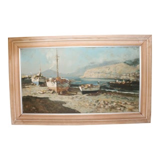 Antique Original f.g. Fortis Nautical Coast Shore Volcano Sail Boat Oil Painting For Sale