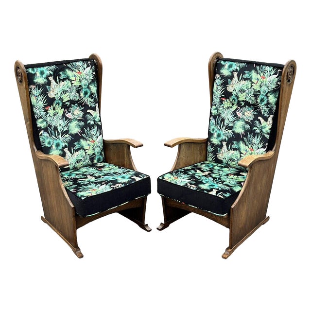 Oak Armchairs in Bright Jungle Print, 1930s, Set of 2 For Sale