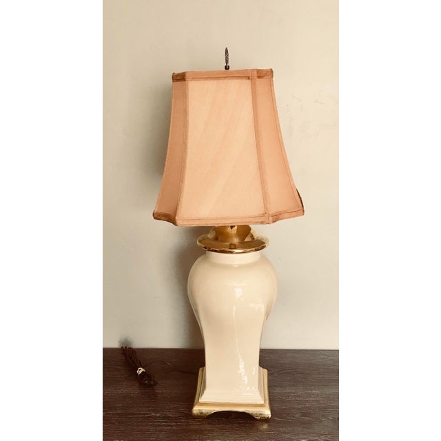 Vintage Cream & Gold Ceramic Ginger Jar Lamp With Gold Tone Shade