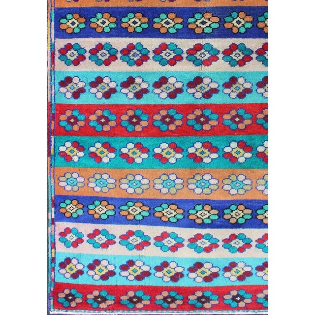 Mid-Century Modern Mid-Century Modern Turkish Rug With Multicolored Stripes and Flower Designs For Sale - Image 3 of 12