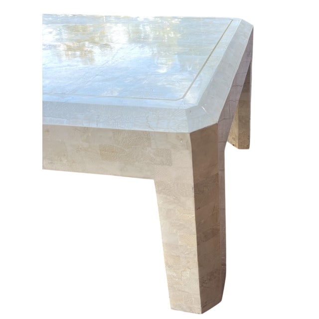 Vintage Tessellated Travertine Stone and Brass Coffee Table Attributed to Maitland-Smith Karl Springer, 45" X 27" For Sale In Jacksonville, FL - Image 6 of 12