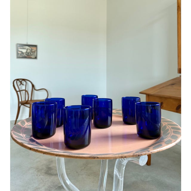 Art Deco Style Cobalt Blue Glasses, Set of 7 Hand Blown Lowball Glassware Set For Sale - Image 16 of 16