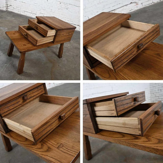 Vintage Rustic Ranch Oak Step End Table With 2 Drawers & Acorn Brown