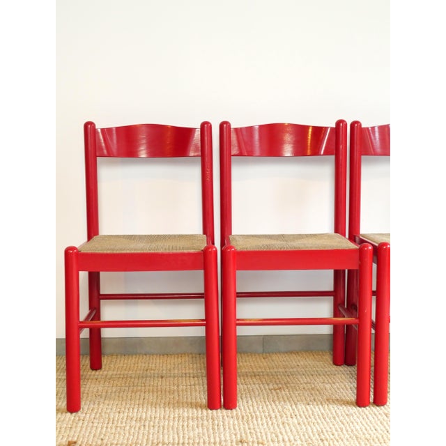 Red Lacquered Wooden Chairs with Braided Rope Seats, 1980s, Set of 4 For Sale - Image 4 of 12