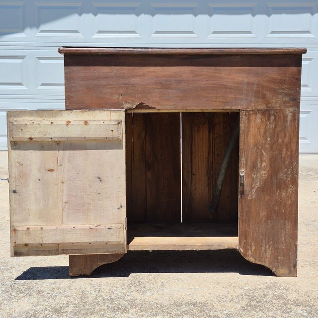 Wood 19th Century American Primitive Pine Dry Sink Cupboard Cabinet Vanity W/ Cobalt Blue Enameled Cast Iron Sink & Drain For Sale - Image 7 of 12
