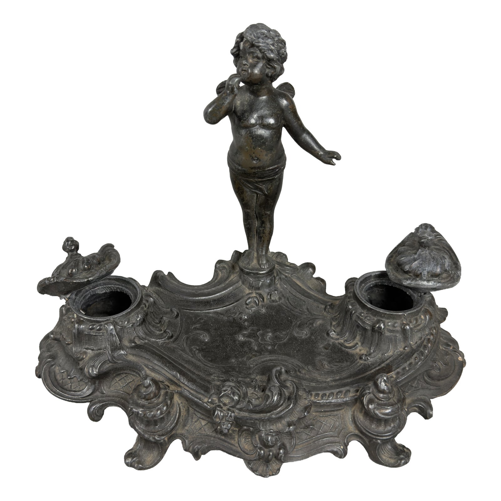 Inkwell for Writing Desk with Winged Putto in Burnished Antimony, 20th ...