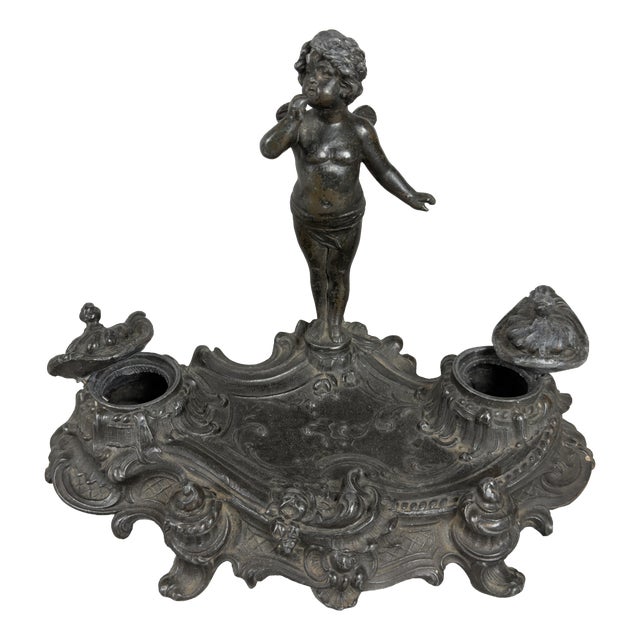 Inkwell for Writing Desk with Winged Putto in Burnished Antimony, 20th Century For Sale