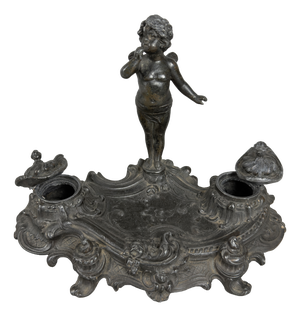 Inkwell for Writing Desk with Winged Putto in Burnished Antimony, 20th Century