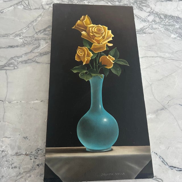Spectacular original painting signed Joseph Vella. Features a still life of a luninous turquoise vase and yellow flowers...