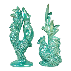 Mid-Century Farmhouse Rooster & Chicken Turquoise Porcelain Sculpture - A Pair
