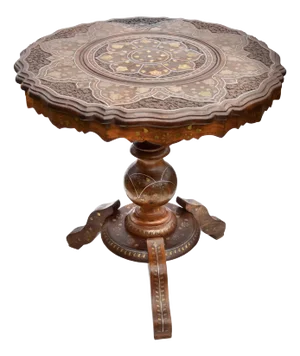 Early 20th Century Hand-Carved Brass-Inlaid Accent Table W/ Floral Pattern