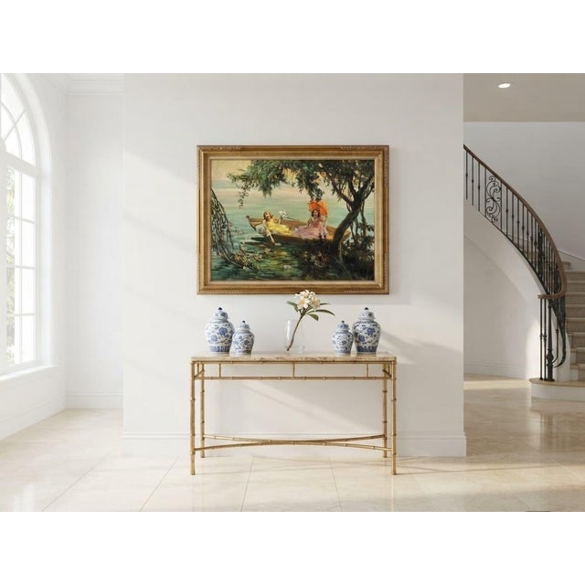 Orange Antique Painting: A Serene Afternoon on the Water For Sale - Image 8 of 12