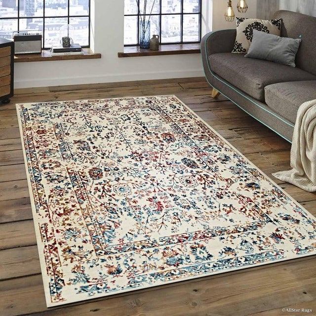5x8 Ivory Machine Made Wool Viscose Faded Floral Border Geometric Carpet Rug For Sale - Image 4 of 4