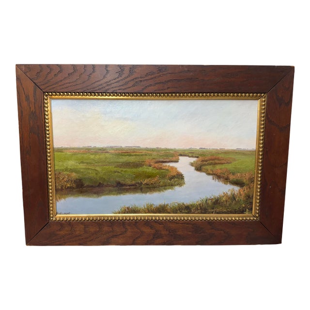 Antique 1895 Original Realistic Marsh Land Landscape 19th Century Oil Painting For Sale