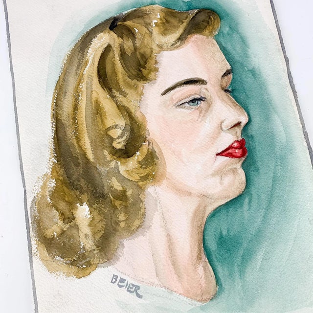 Incredible vintage original art watercolor portrait of a lady on paper. Signed Beier. Love her sophisticated look. Finger...