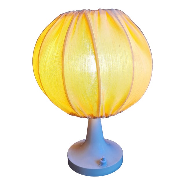 Vintage Table Lamp with White Plastic and Yellow Fabric Shade, 1970s For Sale