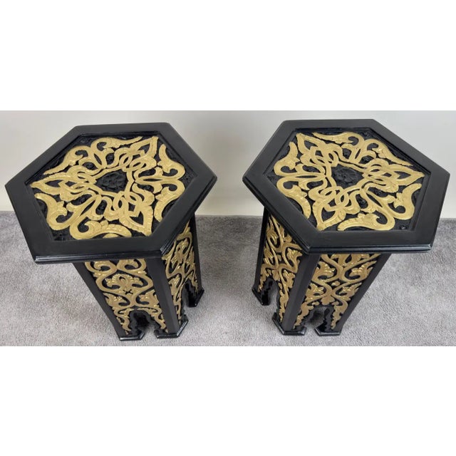 1980s Hollywood Regency Moroccan Stye Side or End Table Black With Gold Design, a Pair For Sale - Image 5 of 12