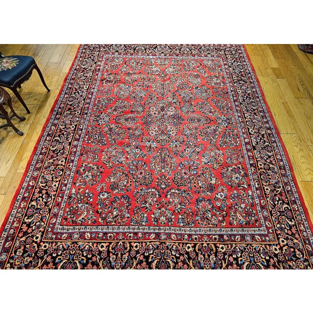 Antique Persian Sarouk Area Rug, Hand-Knotted Wool, Allover Floral Pattern, 9x11, Red & Navy For Sale In Chicago - Image 6 of 16