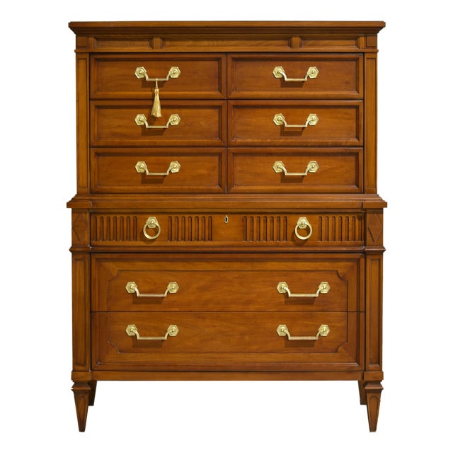 Mid Century Transitional Highboy Fluted Frieze Dresser by Thomasville For Sale