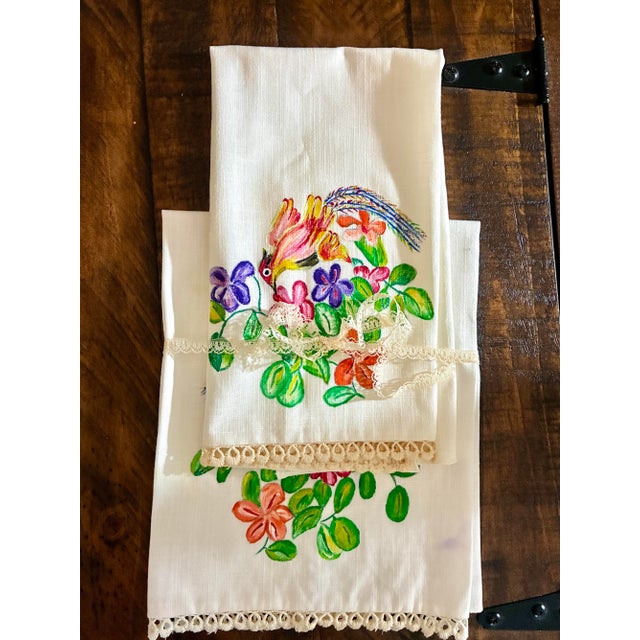Vintage Hand Painted Hand Towel / Tea Towels or Kitchen Towel Lace Trim Ivory With Floral Bird Painting For Sale - Image 4 of 9