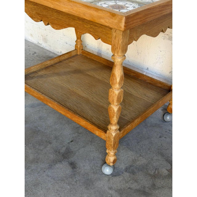 Oak Tile Top Rolling Bar Cart Serving Tea Table in Style of Henning Kjaernulf Denmark Mid-Century 1970s For Sale - Image 10 of 10