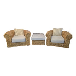Ralph Lauren Bamboo Woven Tub Chairs and Ottoman/Table- A Set For Sale