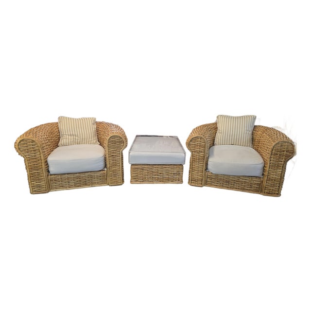 Ralph Lauren Bamboo Woven Tub Chairs and Ottoman/Table- A Set For Sale