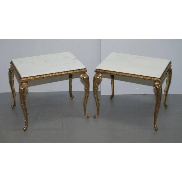 French Brass Framed Side Tables with Italian Marble Tops, 1900s, Set of 2 For Sale - Image 10 of 15