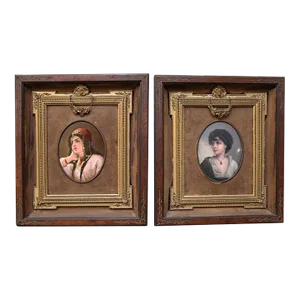 ​Antique 19th Century Pair of Porcelain Painted Plaques of Woman and Child