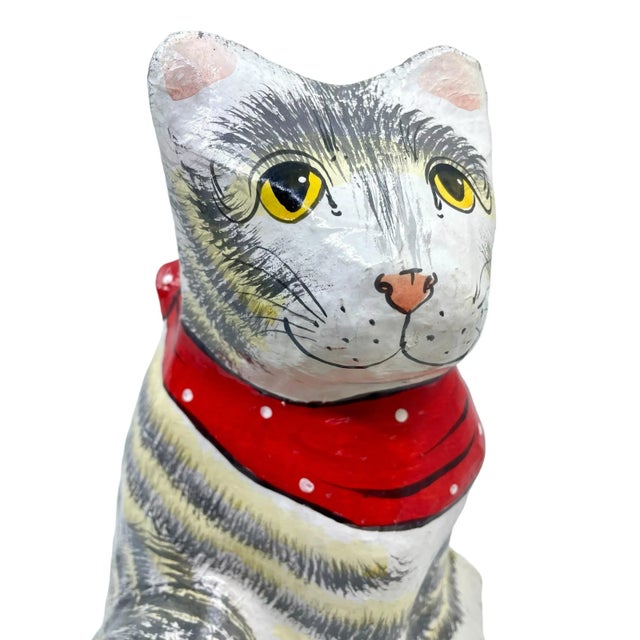 Paper Vintage Large Paper Mache Striped Cat With Red Hankerchief Statue For Sale - Image 7 of 10