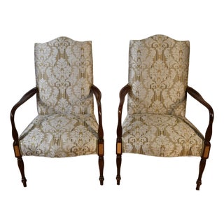 1980s Hickory Chair English Hepplewhite Mahogany Inlay Pair of High-Back Chairs For Sale