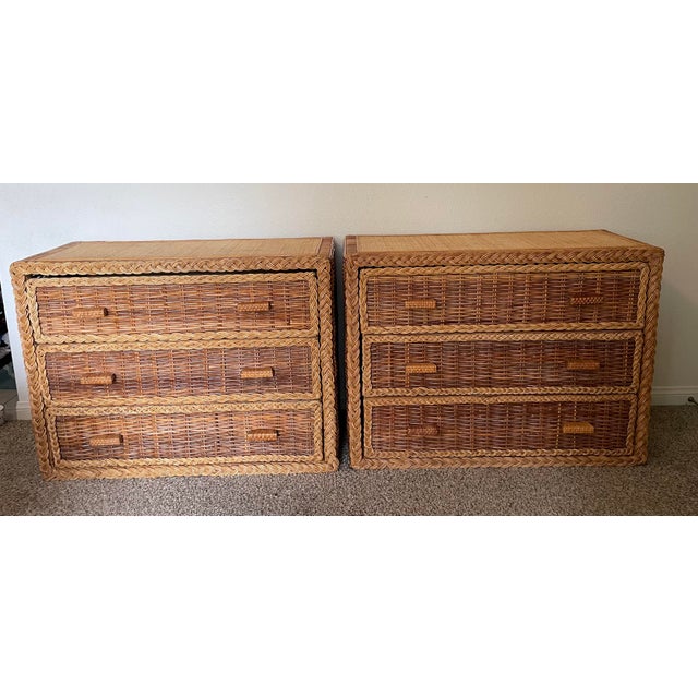 1970s Vintage Wicker, Wrapped Rattan and Grasscloth Dressers, a Pair