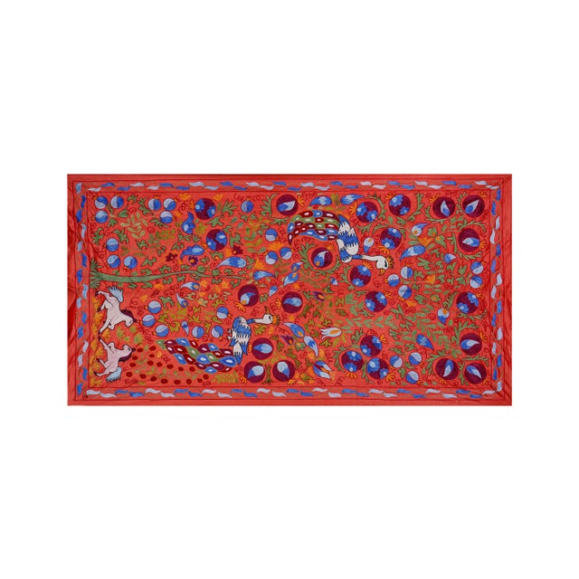 Red Suzani Embroidered Wall Hanging With Peacocks – Silk Cotton Boho Textile 3'4'' X 6'1'' For Sale - Image 4 of 9