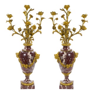 French Louis XVI Style Candelabra / White-Veined Red Marble & Gilt Bronze, 1885 For Sale