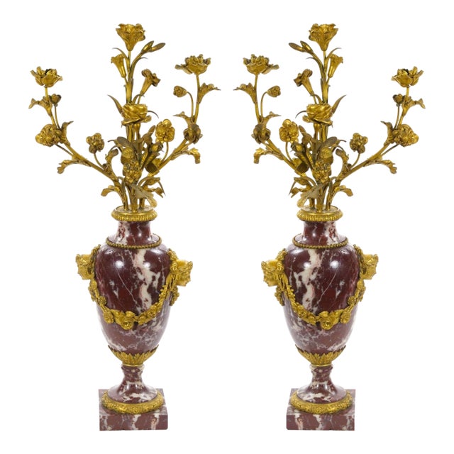 French Louis XVI Style Candelabra / White-Veined Red Marble & Gilt Bronze, 1885 For Sale