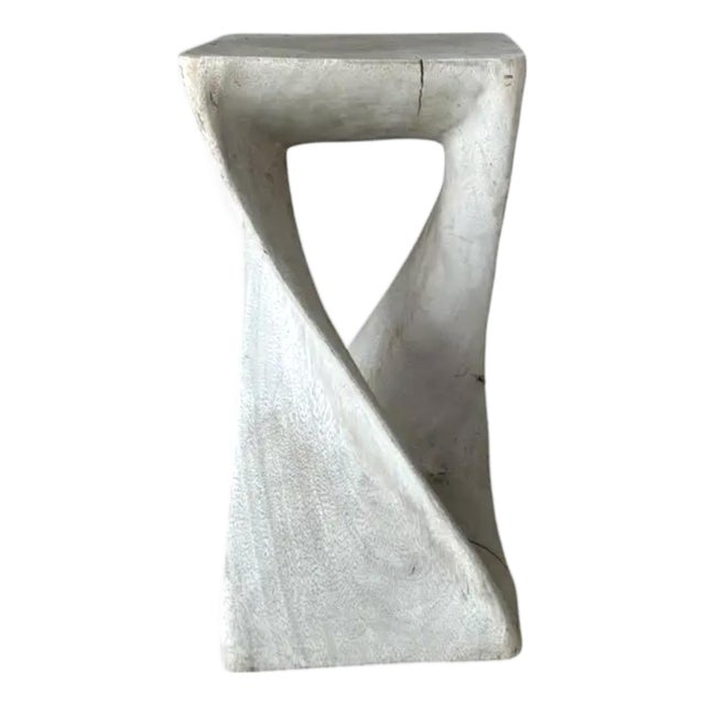 Organic Modern Hand-Carved Bleached Mahogany Pedestal Side Table For Sale