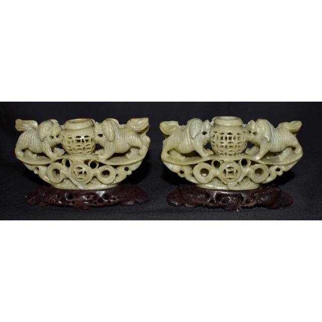 Chinese Hand Carved Soapstone Incense Burner Censer Koro Foo Dogs Lions Pair For Sale - Image 11 of 12