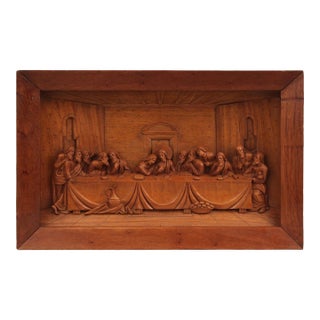 Antique Hand Carved Wood Wall Sculpture Religious Catholic DaVinci's Last Supper For Sale