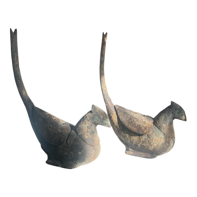 Vintage Iron Japanese Set of Two “Koro” Pheasants For Sale