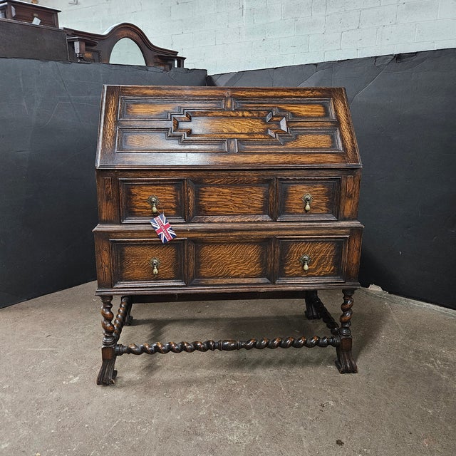 Late 19th Century English Oak Jacobean Style Bureau on Barley Twist Stretcher Base For Sale - Image 4 of 18