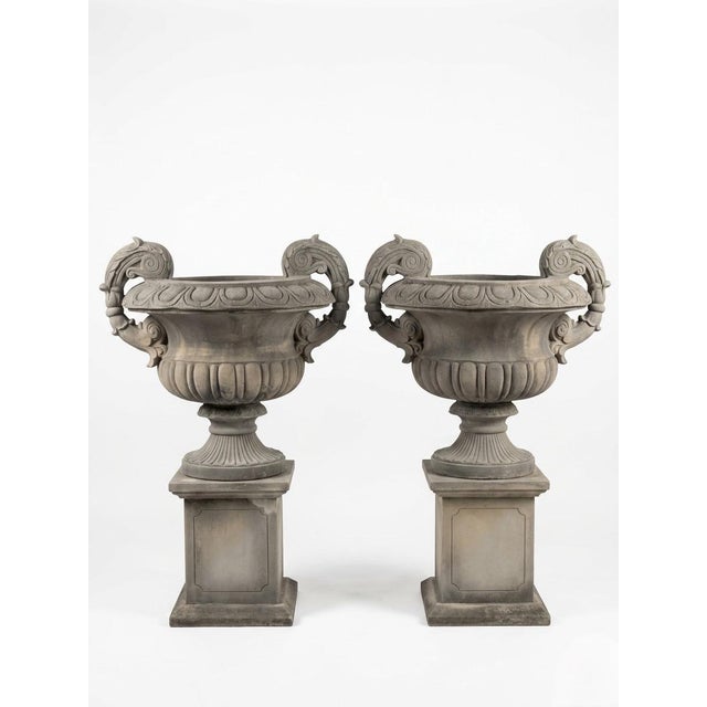Neoclassical A Pair of Grand Neoclassical Cast Stone Urns on Paneled Pedestals For Sale - Image 3 of 12