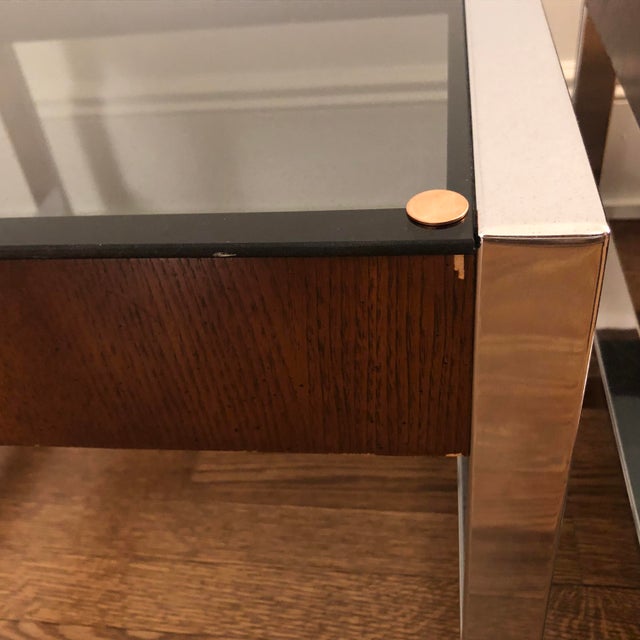 MidCentury Modern Chrome Glass and Wood Veneer Side Tables a Pair