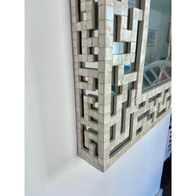 Chinoiserie Neiman Marcus Vintage Capiz Shell Fretwork Wall Mirror For Sale - Image 3 of 12