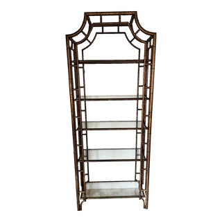 Mid 20th Century Faux Bamboo Chinese Chippendale Tortoiseshell Finish Pagoda Top Iron Etagere For Sale