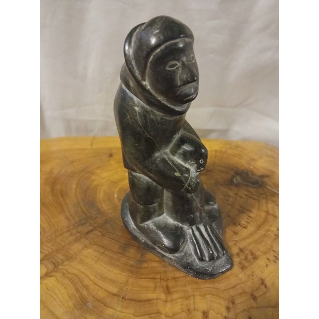 Stone Artist Signed Vintage Inuit Soapstone Sculpture of a Hunter With Seal For Sale - Image 7 of 7