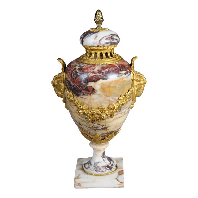 French Ornate Rams Head Potpourri Vase in Marble with Bronze For Sale