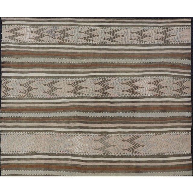 Textile Turkish Flat-Weave Kilim in Muted Colors With Stripes and Embroideries For Sale - Image 7 of 10