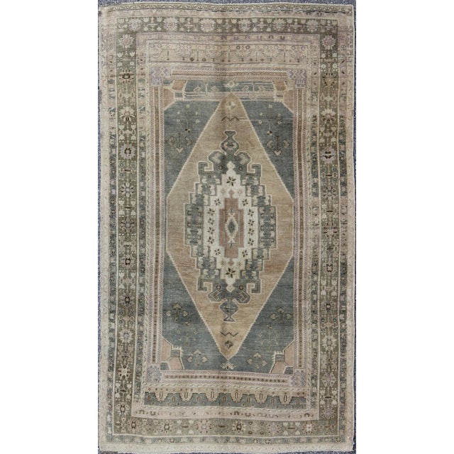 Vintage Oushak in Gray Green, Beige, Camel Background and Light Green Border For Sale - Image 9 of 9