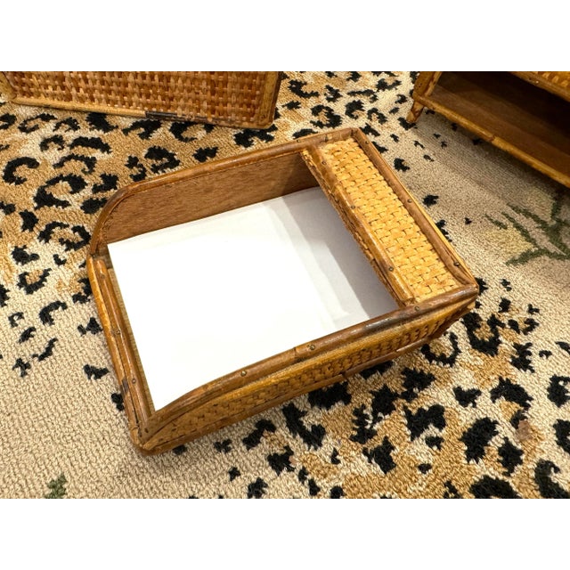 Tan Vintage Set Tortoise Rattan Woven Waste Bin, Paper Holder and Desk Organizer For Sale - Image 8 of 11