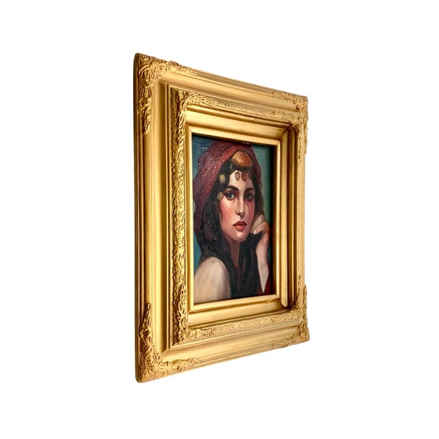 Portraiture Original Oil Portrait Painting, Desert Princess in Ornate Gold Frame, 16.5"h For Sale - Image 3 of 4